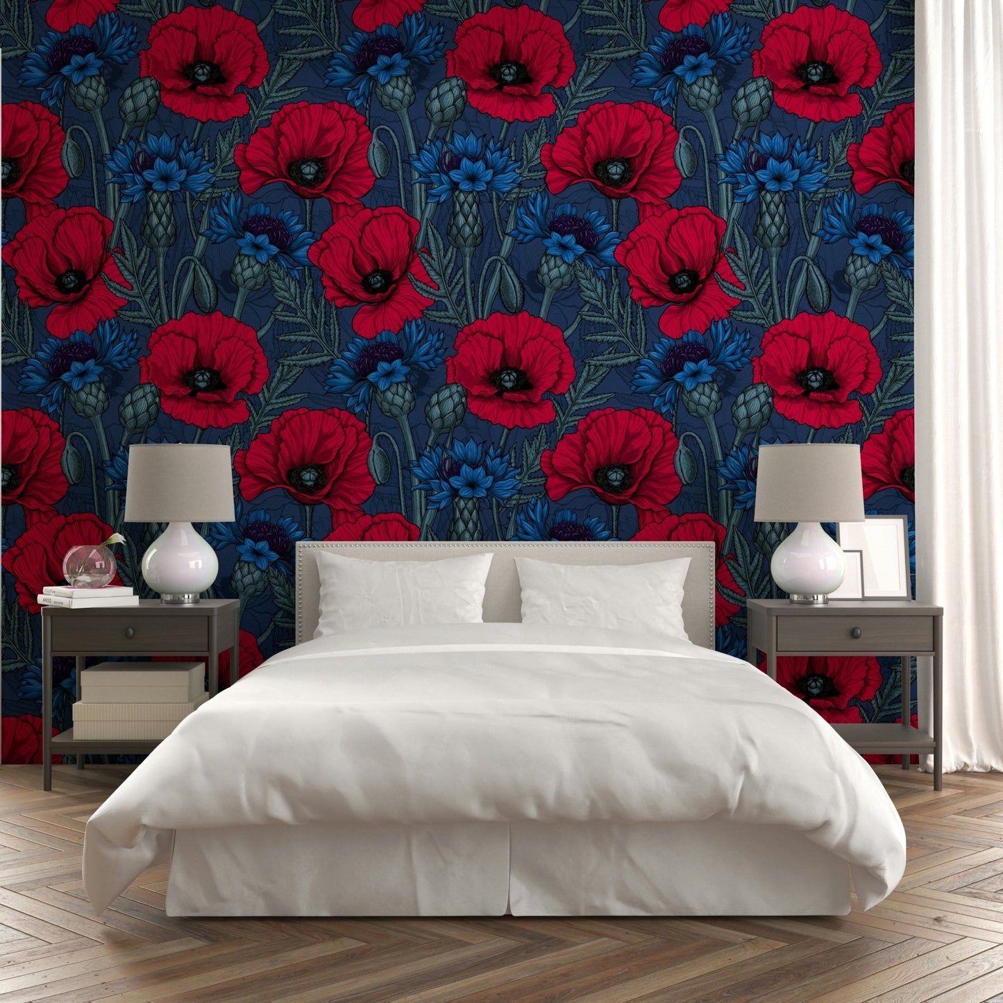 Bold poppies and cornflowers wallpaper for dark interiors

