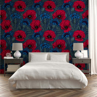 Bold poppies and cornflowers wallpaper for dark interiors

