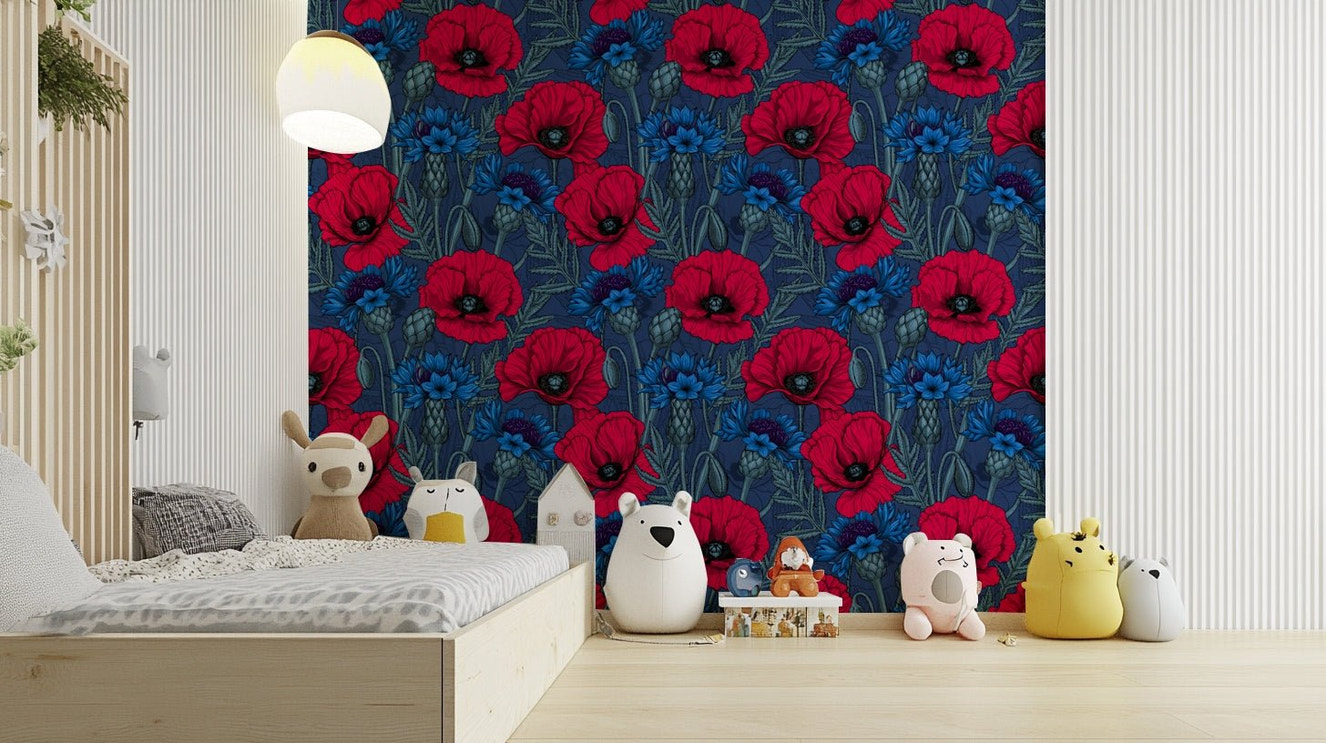 Midnight Garden Poppies and Cornflowers wallpaper for bold decor

