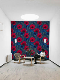 Dark floral design wallpaper featuring poppies and cornflowers


