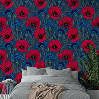 Midnight Garden Poppies and Cornflowers wallpaper for living rooms

