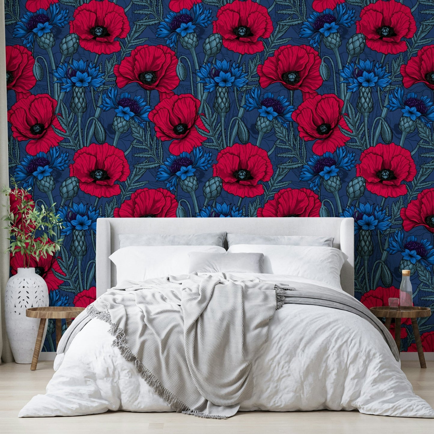 Elegant Midnight Garden wallpaper with poppies and cornflowers

