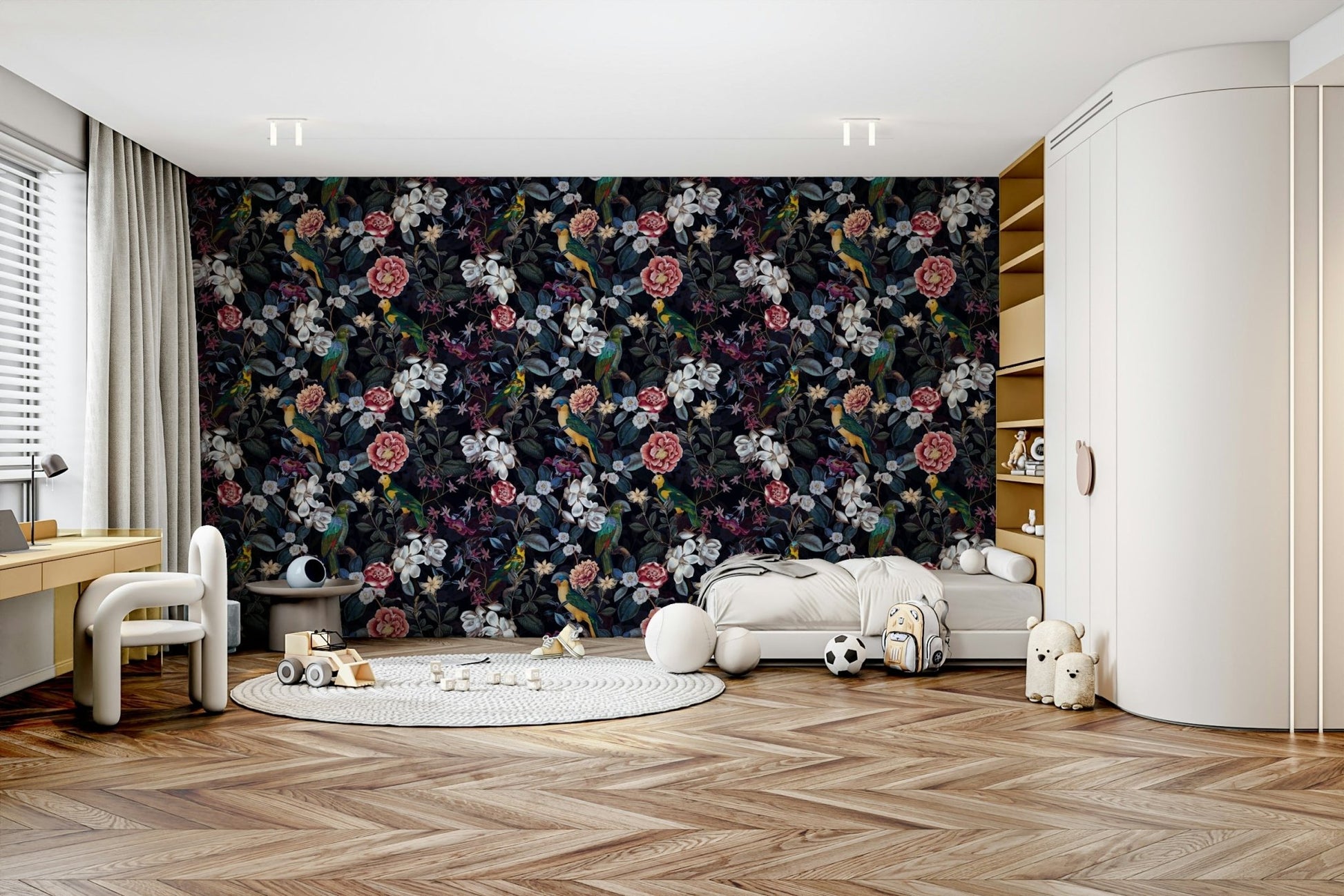 Decorative wallpaper with garden-inspired floral elements.

