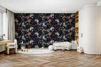Decorative wallpaper with garden-inspired floral elements.

