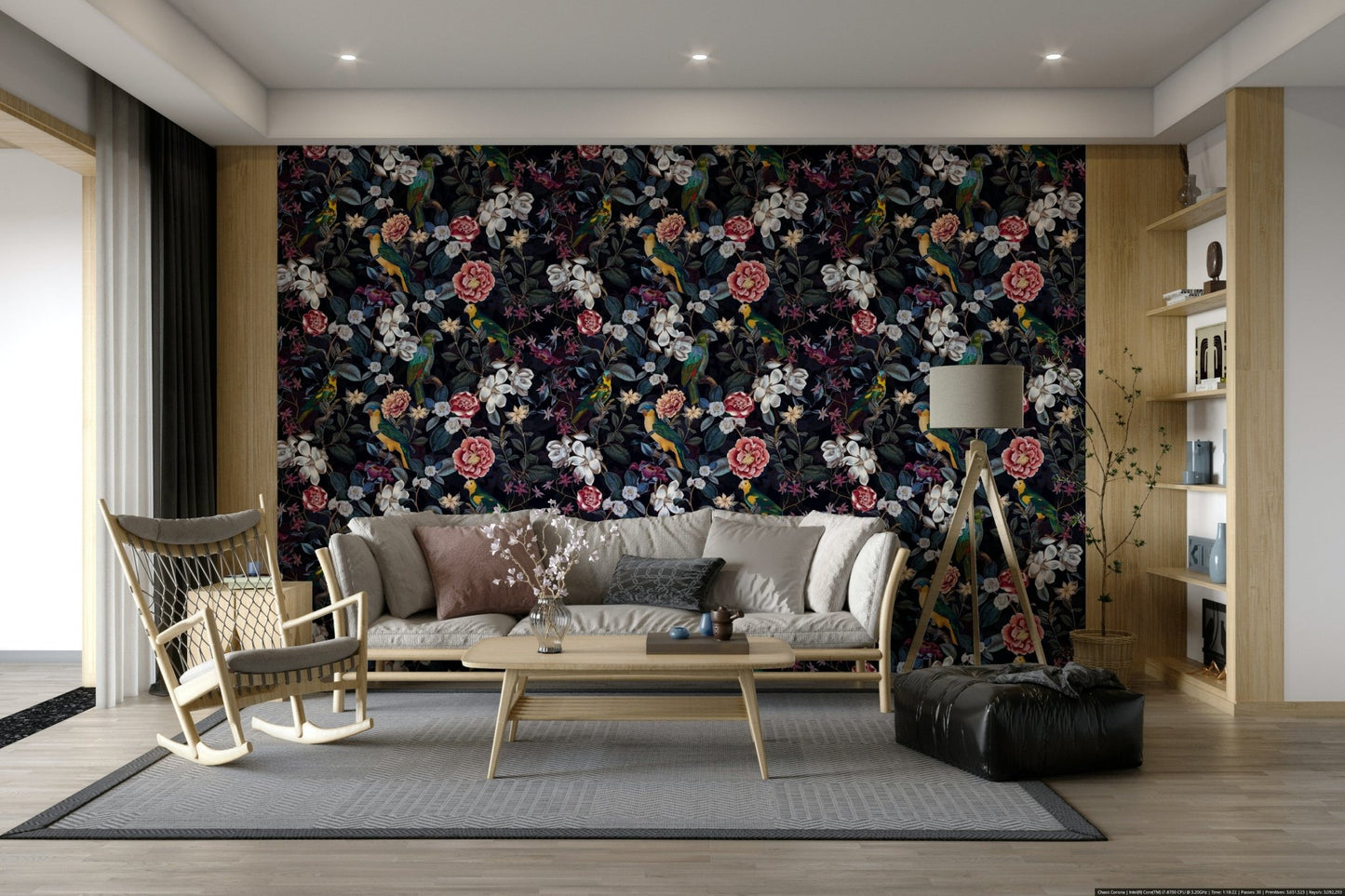 Luxe wallpaper featuring a midnight garden floral print.

