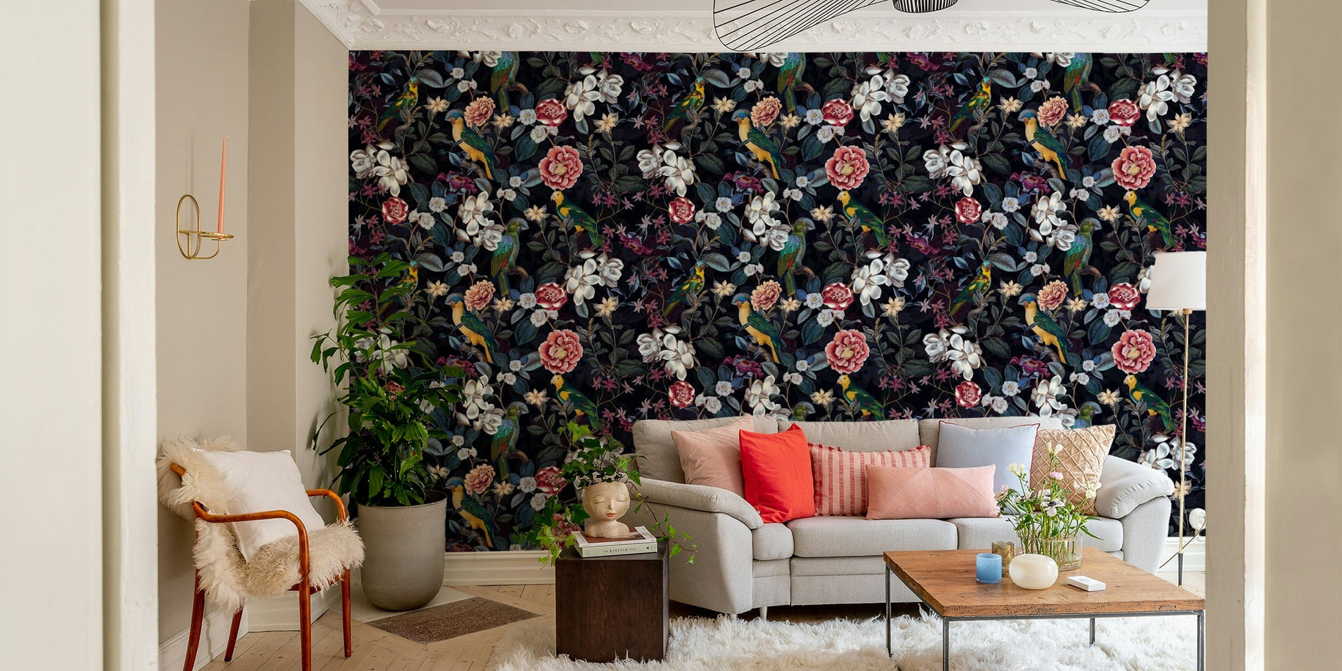 Enchanting floral patterns with deep midnight tones on walls.

