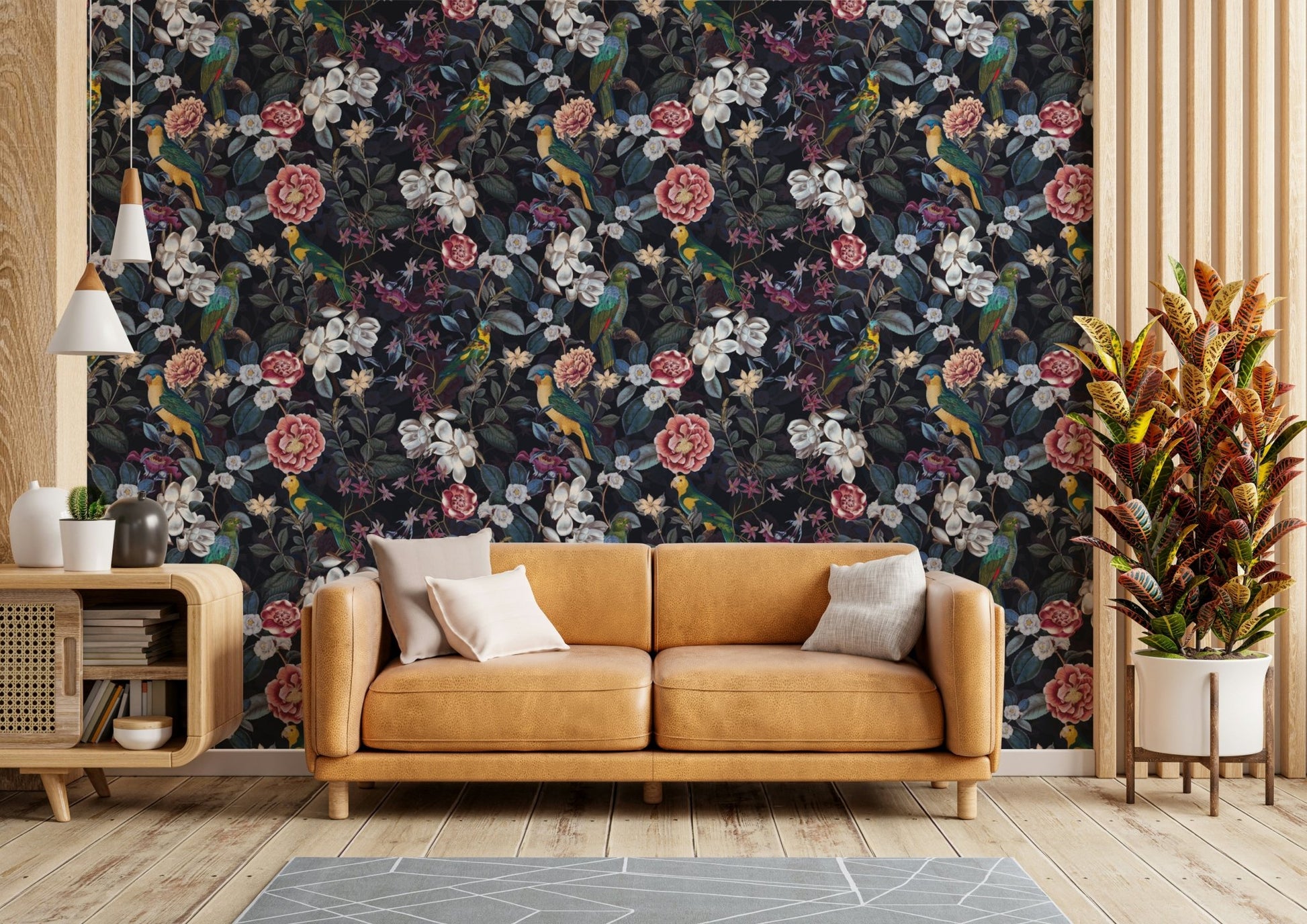 Midnight Garden Rhapsody wallpaper with floral patterns.

