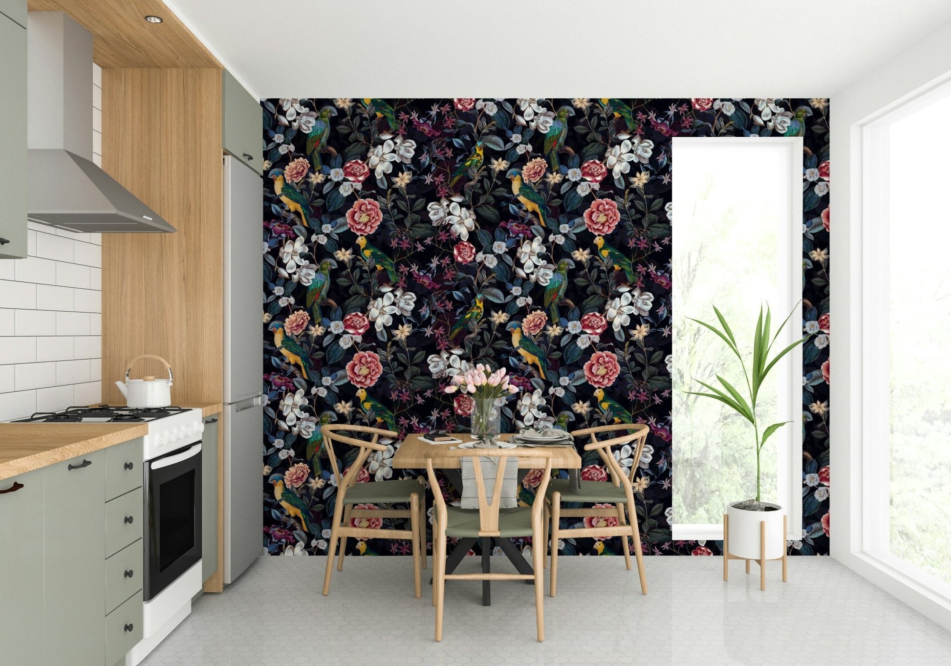 Romantic dark floral wallpaper in midnight blue shades.

