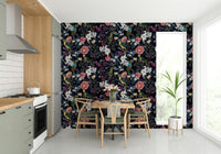 Romantic dark floral wallpaper in midnight blue shades.

