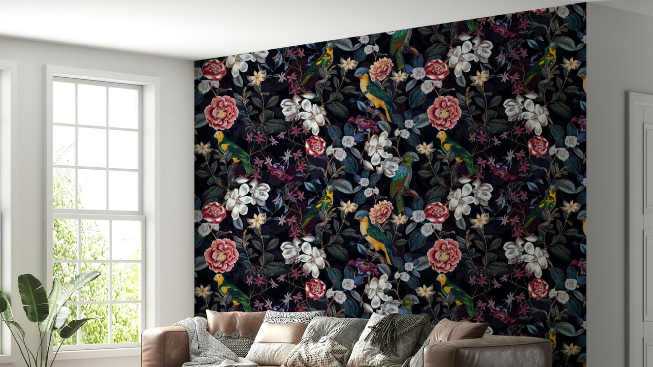 Dark floral wallpaper featuring midnight garden hues.

