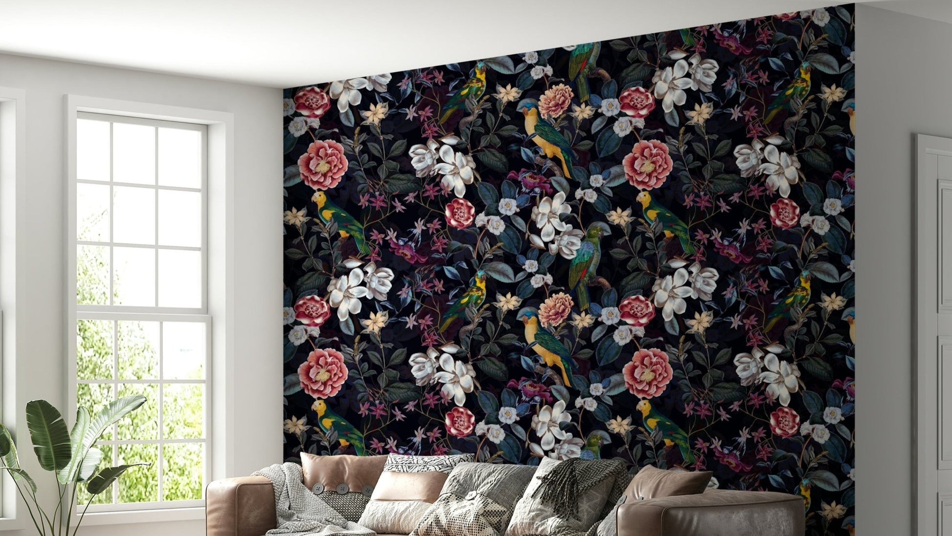 Dark floral wallpaper featuring midnight garden hues.

