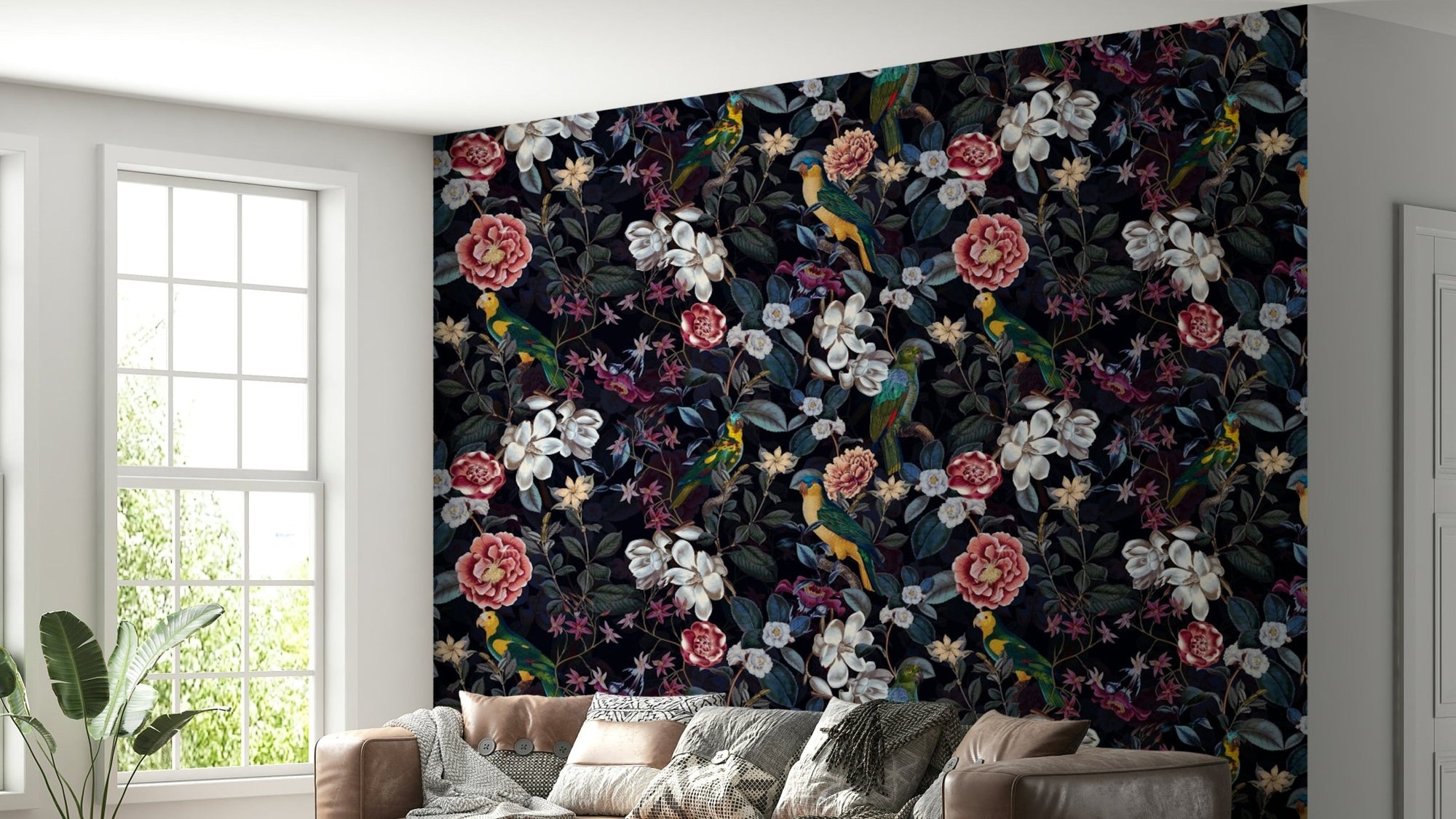 Dark floral wallpaper featuring midnight garden hues., GD1400