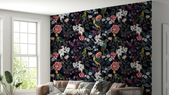 Dark floral wallpaper featuring midnight garden hues., GD1400