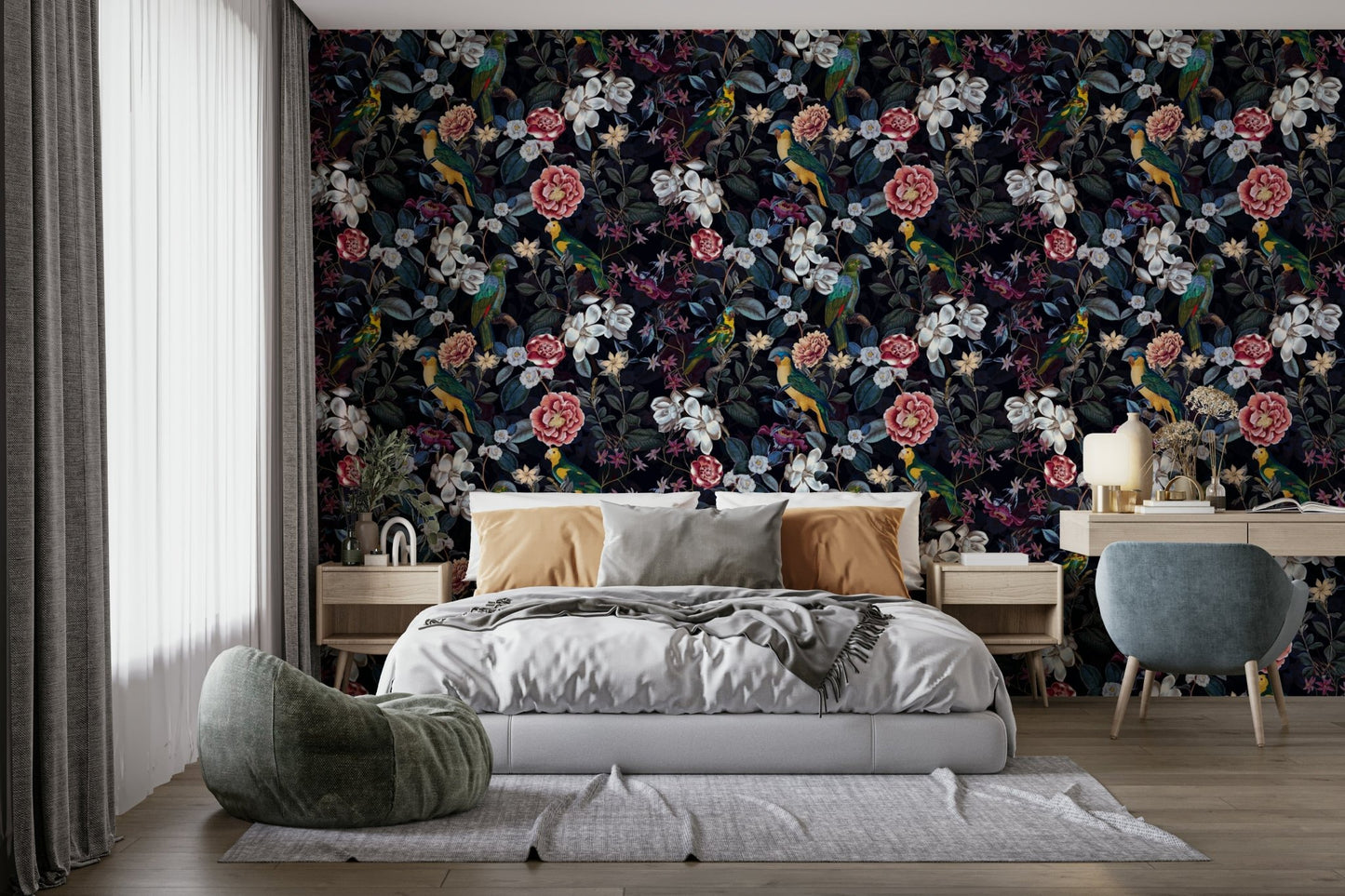 Vibrant midnight floral garden wallpaper for home decor.

