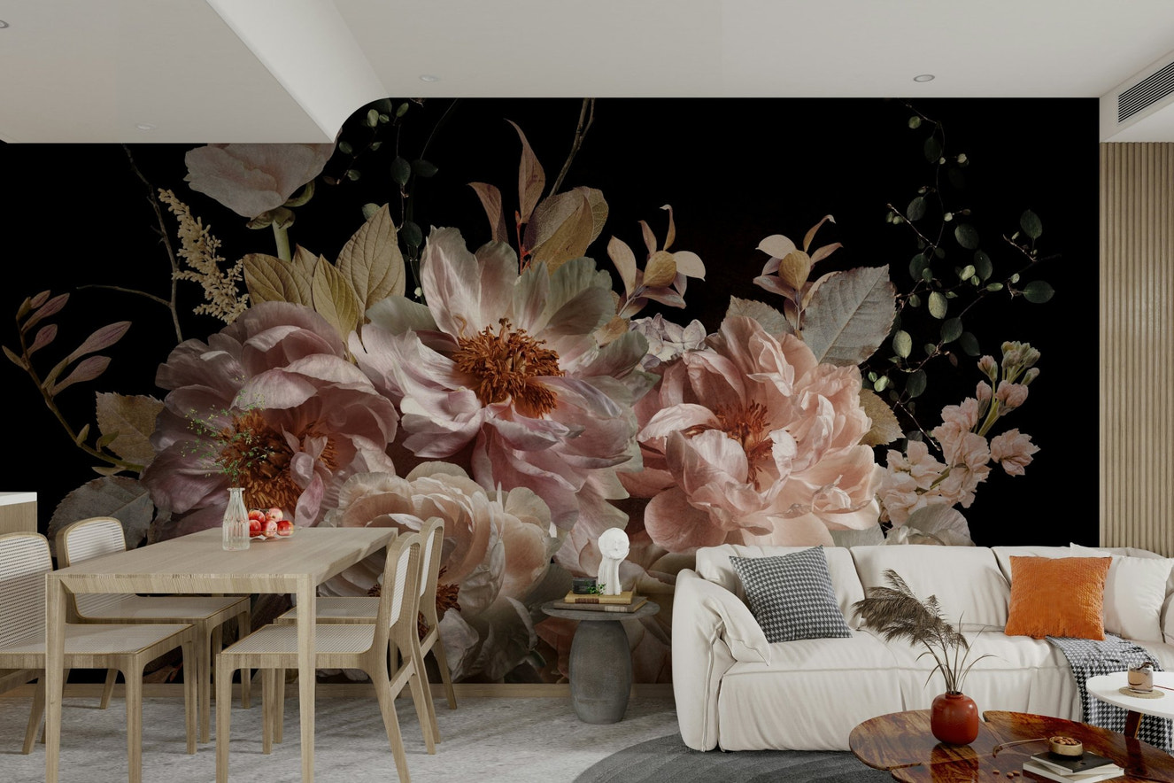 Midnight garden wall mural with dark floral tones

