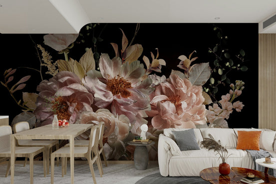 Midnight garden wall mural with dark floral tones, GD1221