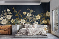 Bold midnight gold flora mural for statement-making decor.
