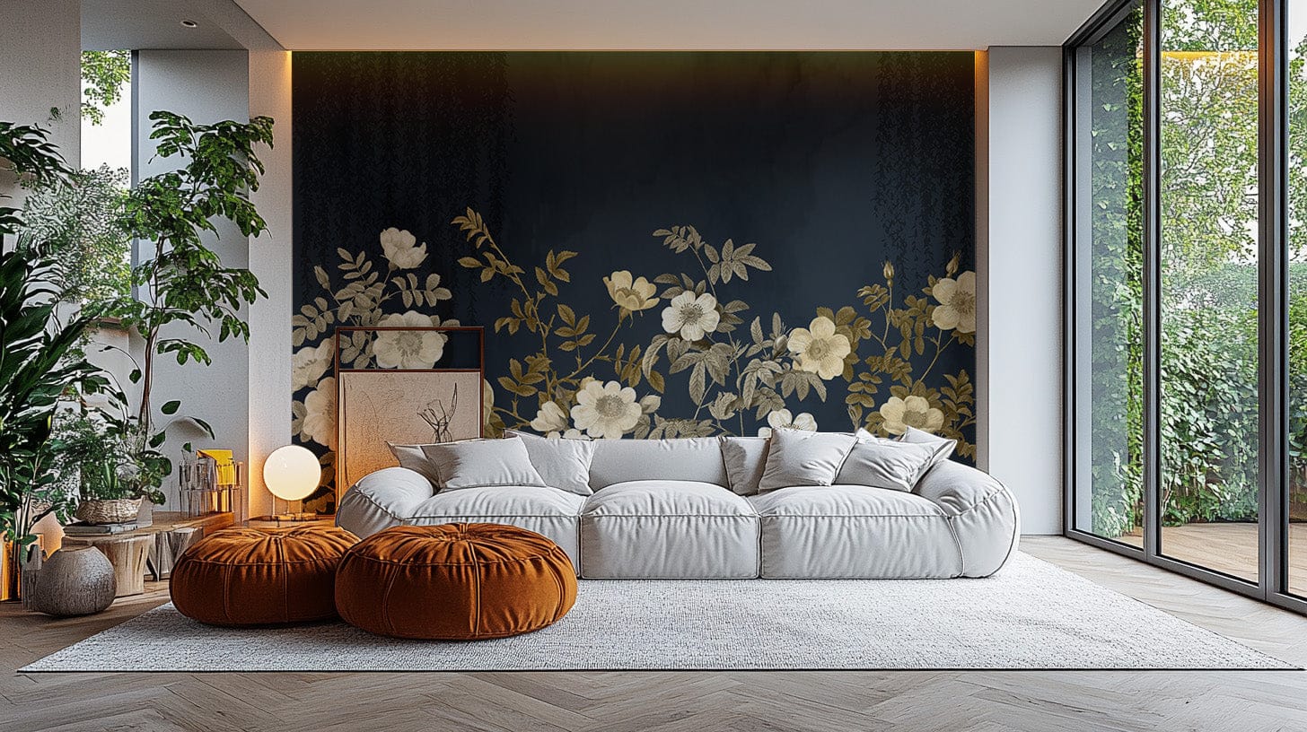 Elegant midnight gold flora wallpaper mural for luxurious walls., B839