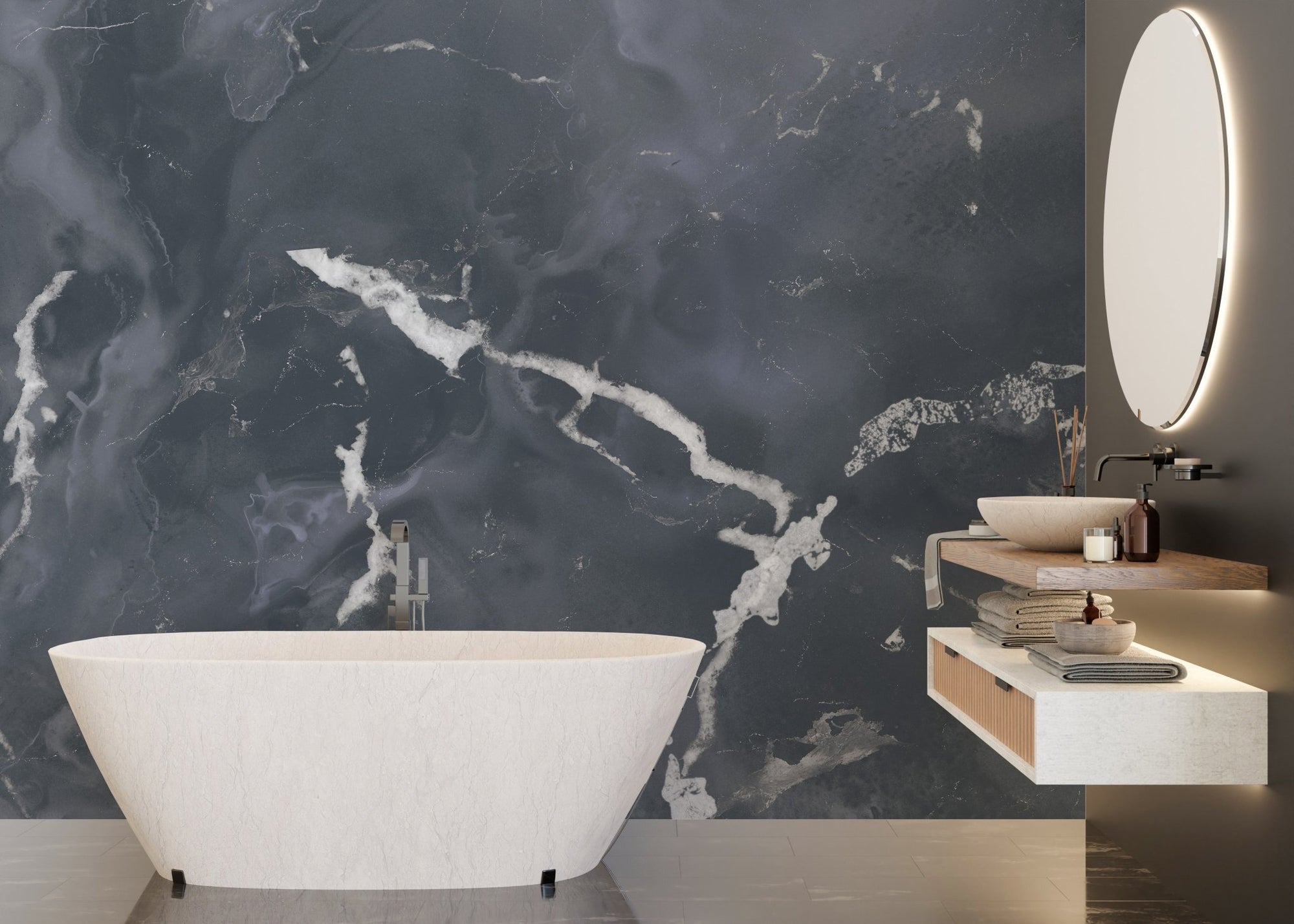 Midnight gray terrazzo marble effect wallpaper mural A183