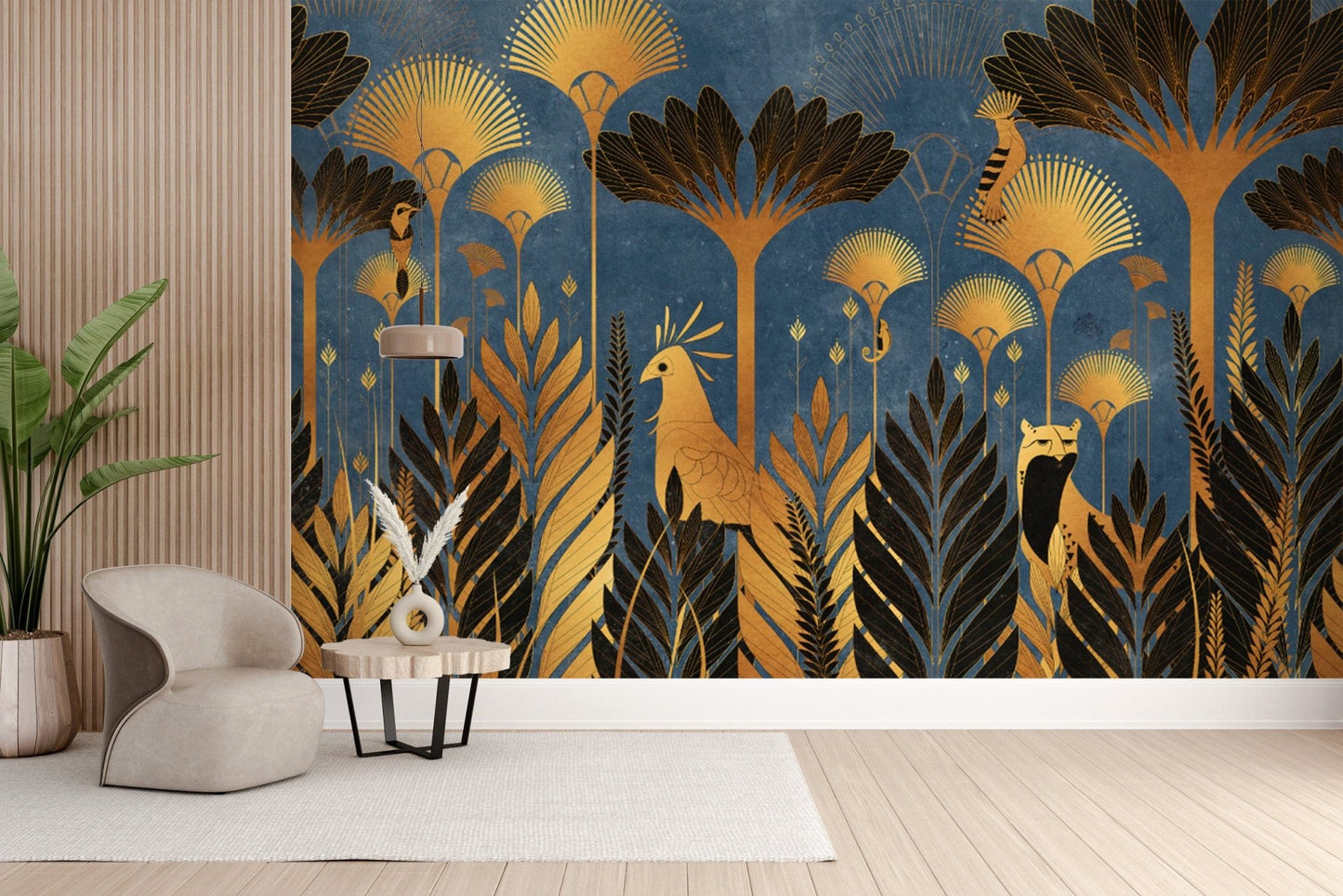 Gold and blue botanical wallpaper design
