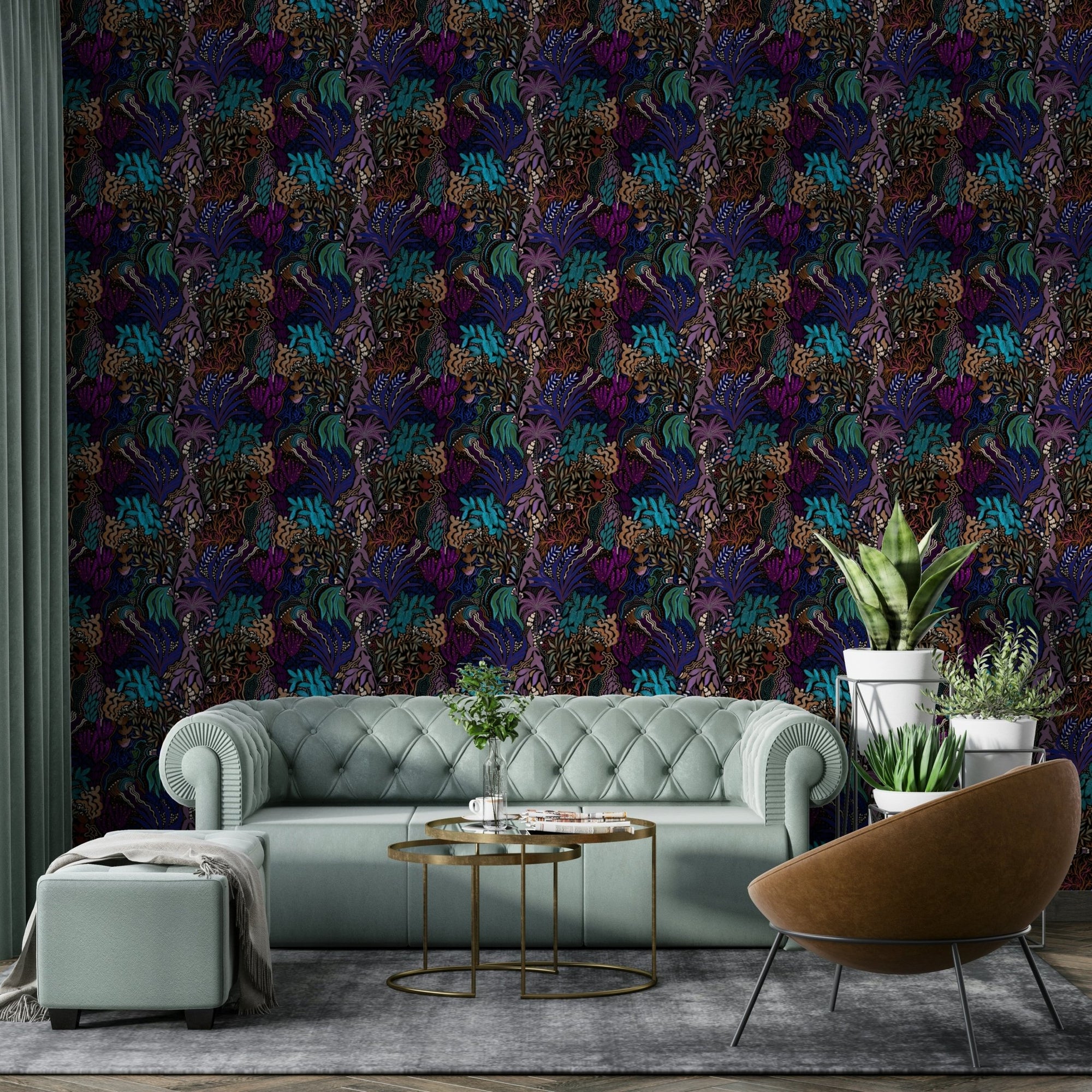 Midnight Jungle Maze Wallpaper with dense purple and teal foliage GD4890


