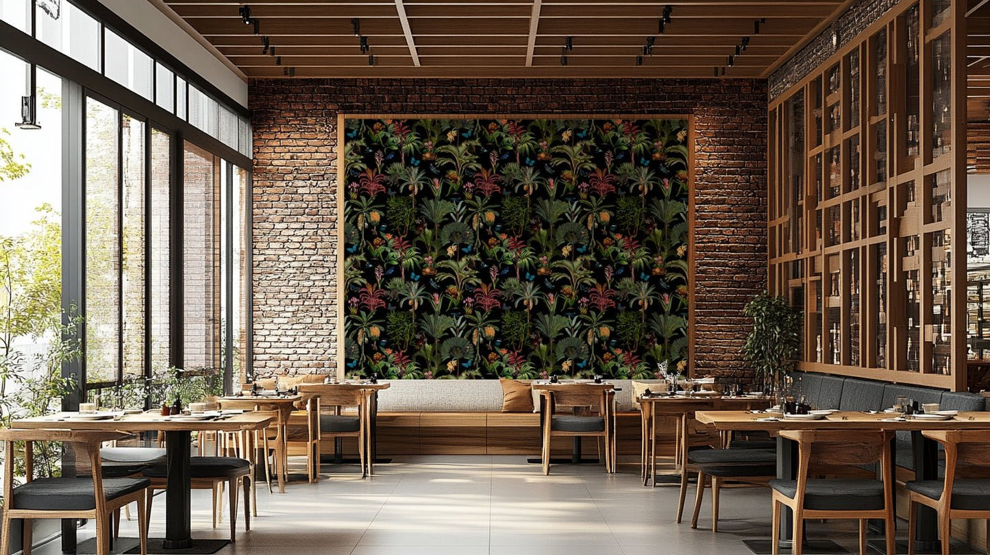 Dark jungle wallpaper with vibrant green plants

