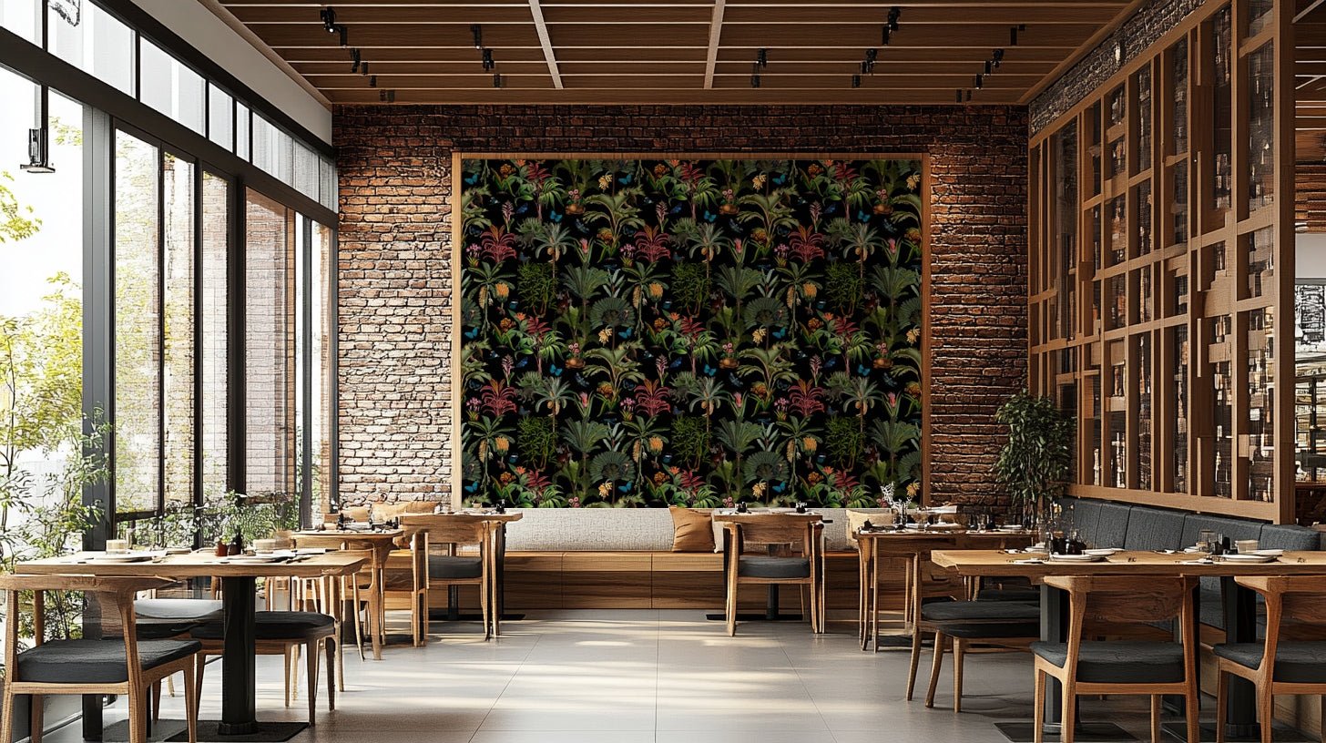 Dark jungle wallpaper with vibrant green plants

