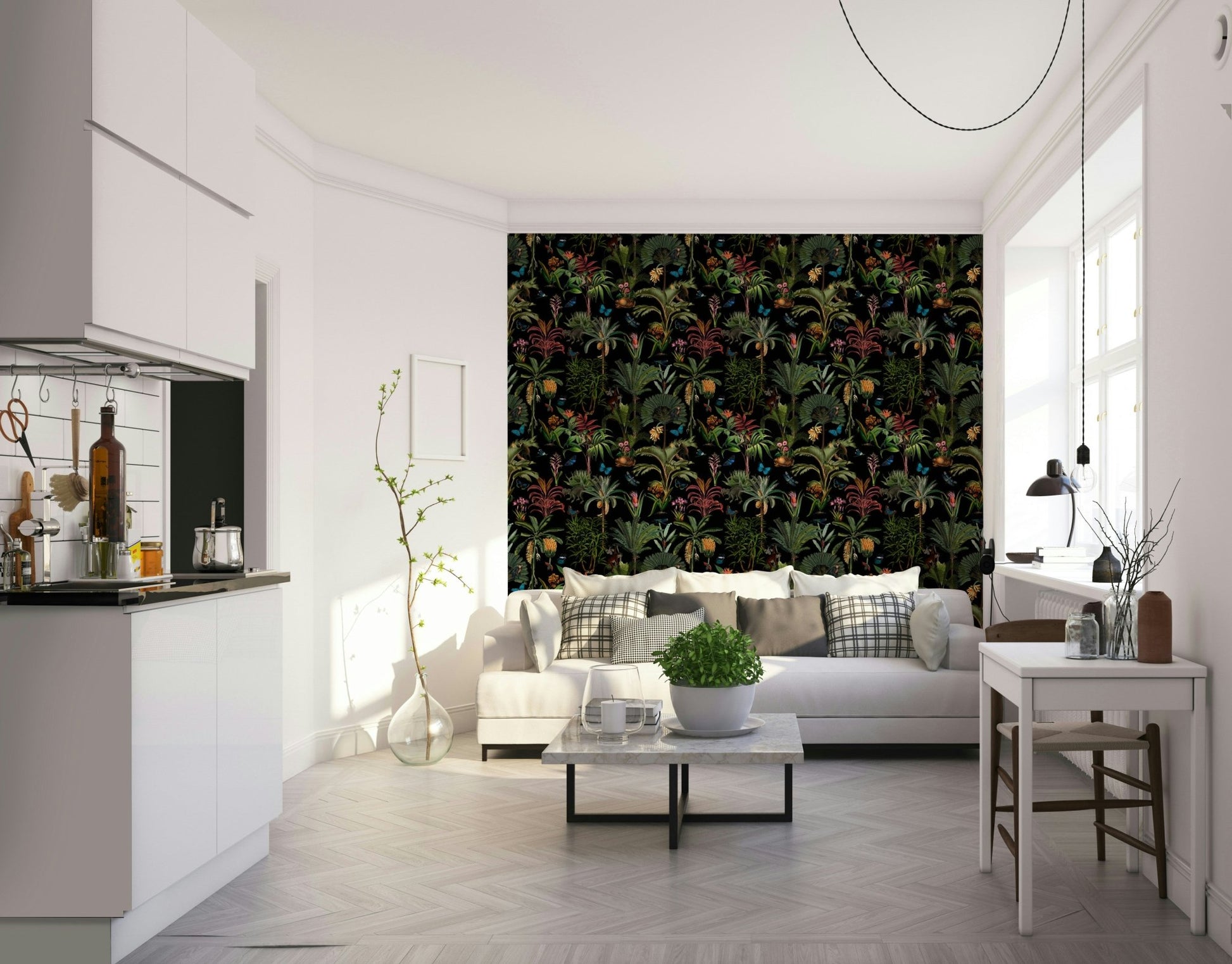 Midnight theme wallpaper with jungle leaves

