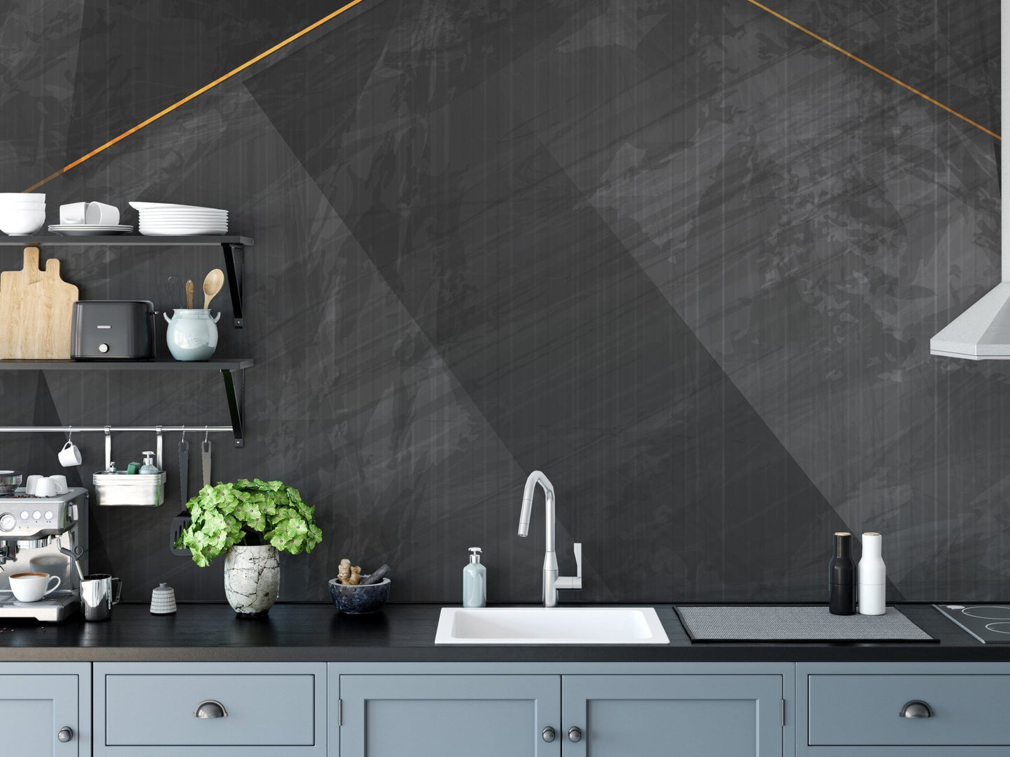 Gold streaked black wallpaper design.