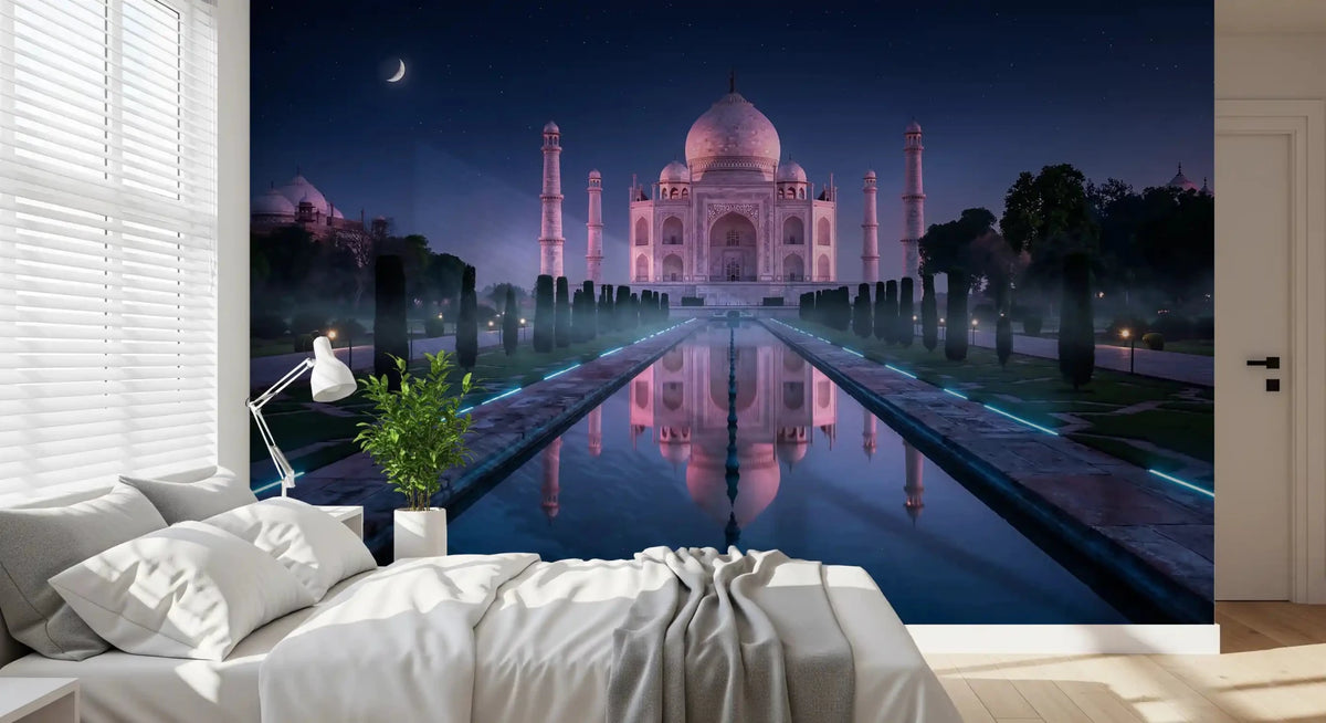Bedroom with Midnight Majesty Taj Mahal Wall Mural night viewGD9203
