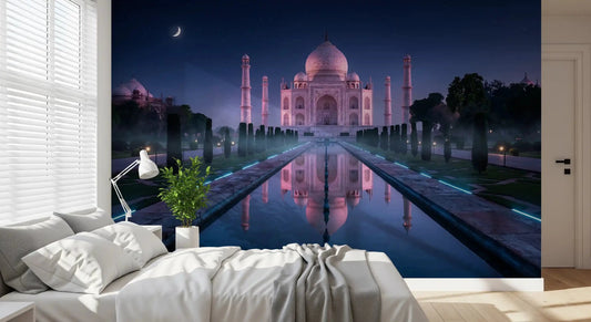 Bedroom with Midnight Majesty Taj Mahal Wall Mural night viewGD9203