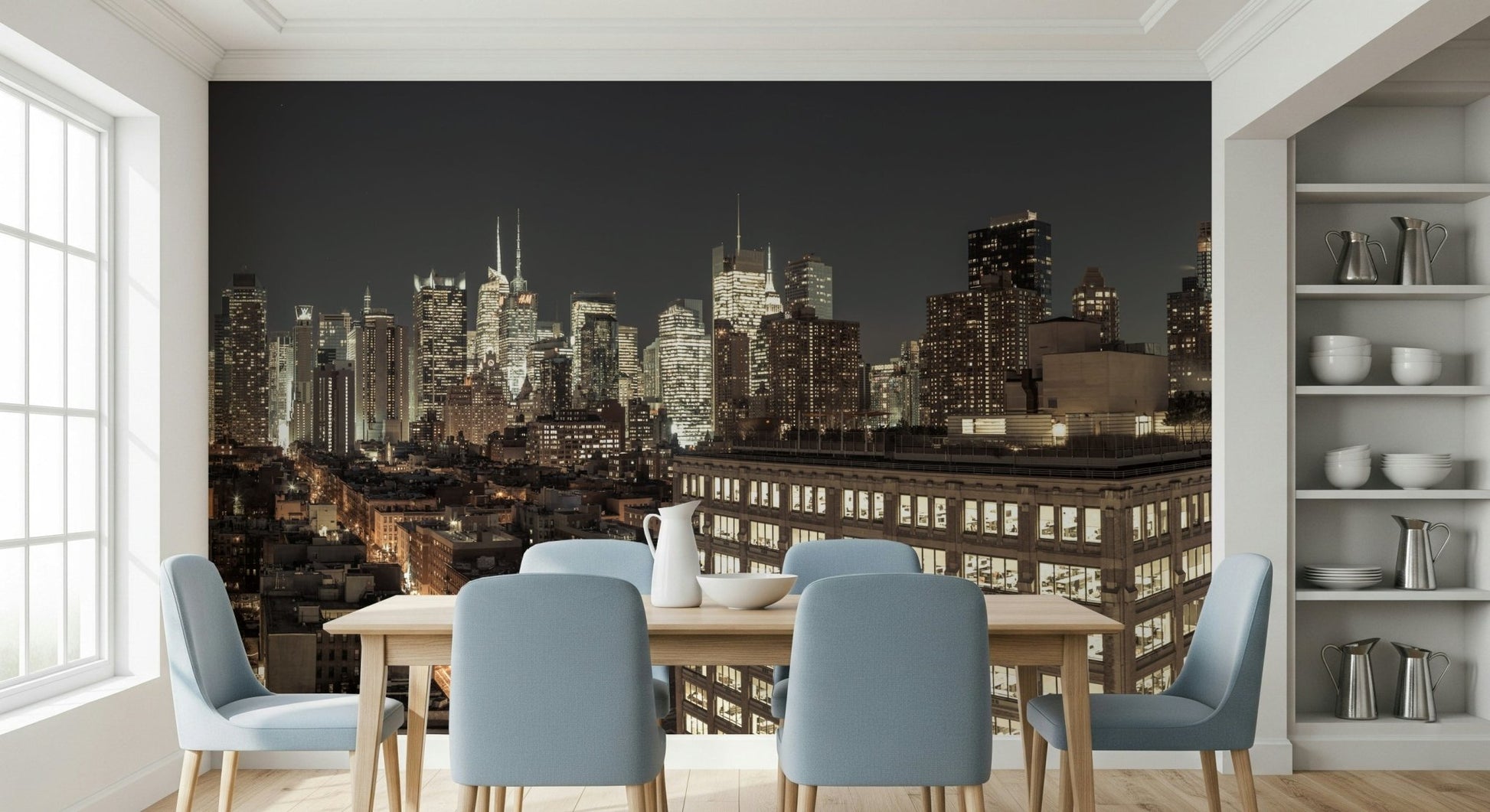 Wide room perspective featuring the dynamic Midnight Metropolis: City Lights Wall Mural.