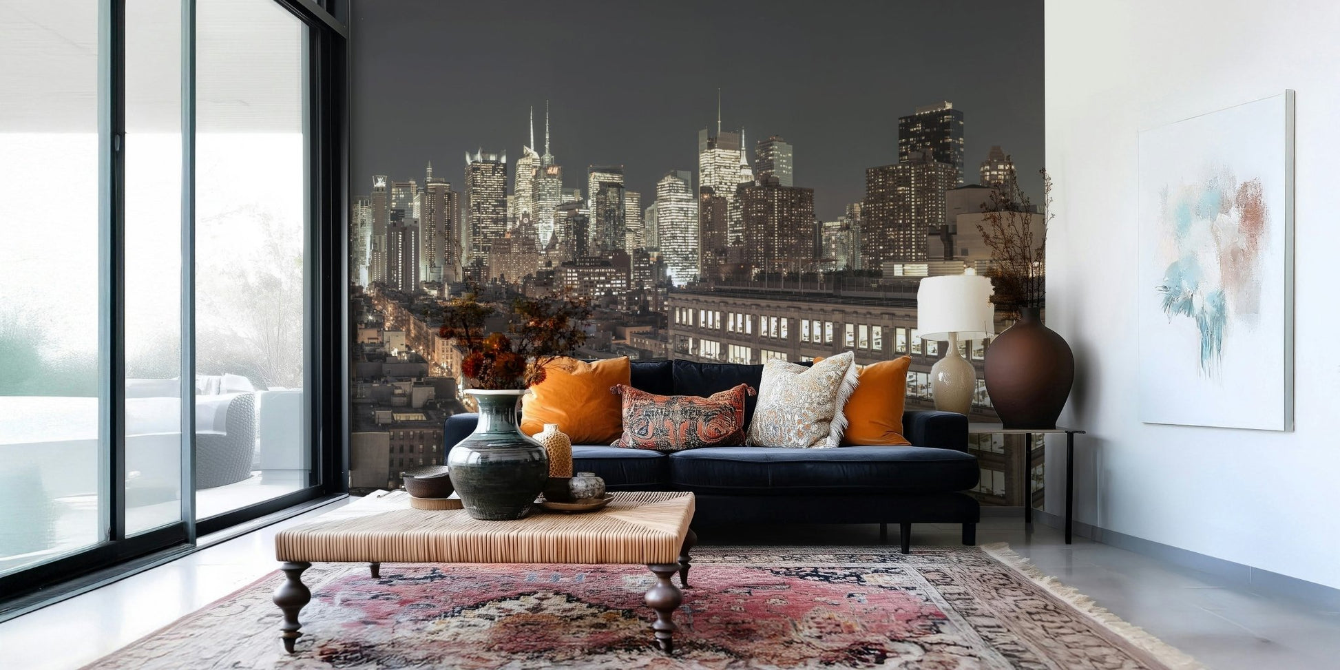 Subtle yellow light trails effect in the beautiful Midnight Metropolis City Lights Wall Mural.