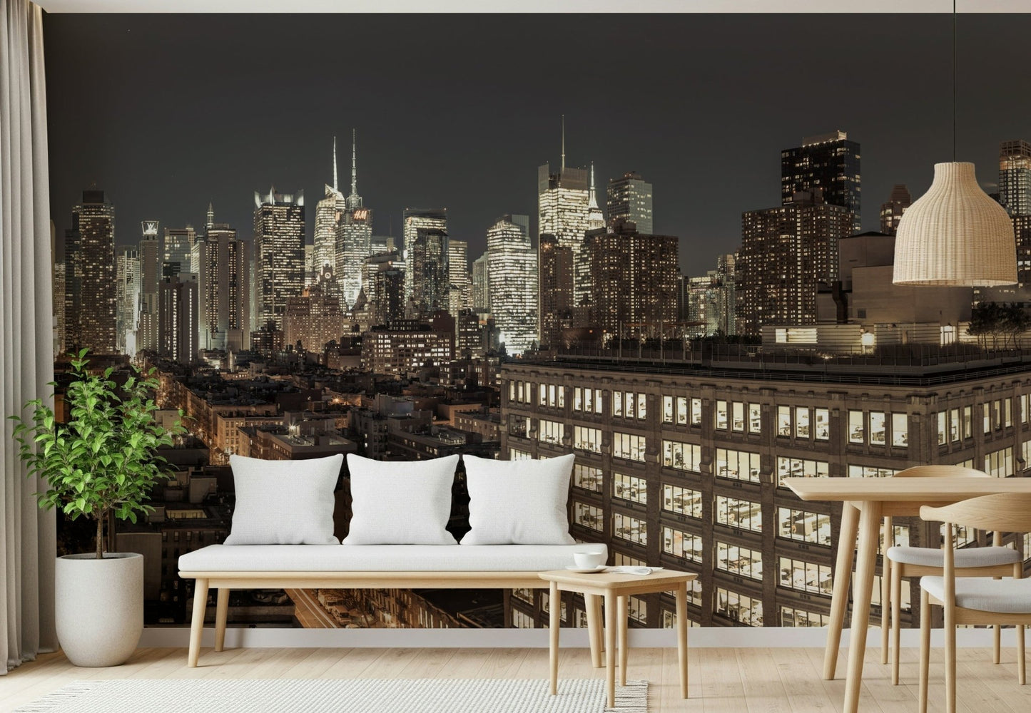 Dramatic dark blue and yellow color scheme of the Midnight Metropolis: City Lights Wall Mural.