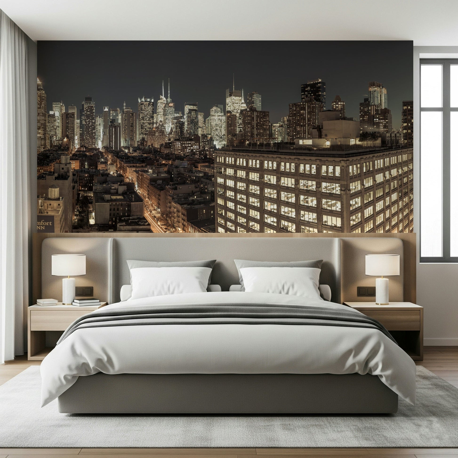 Designer interior featuring the moody Midnight Metropolis City Lights Wall Mural design.