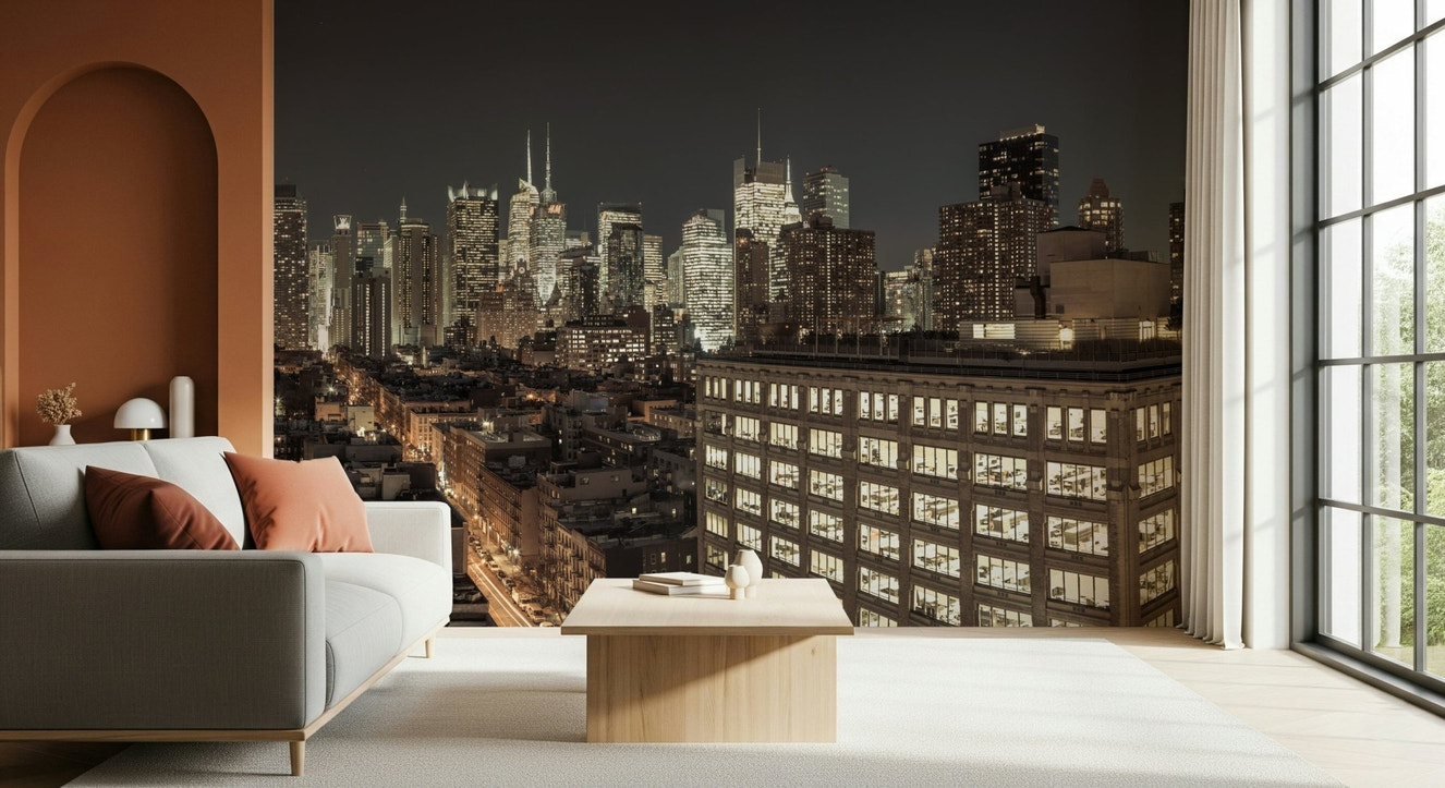 Midnight Metropolis: City Lights Wall Mural in a stylish, high-rise apartment.