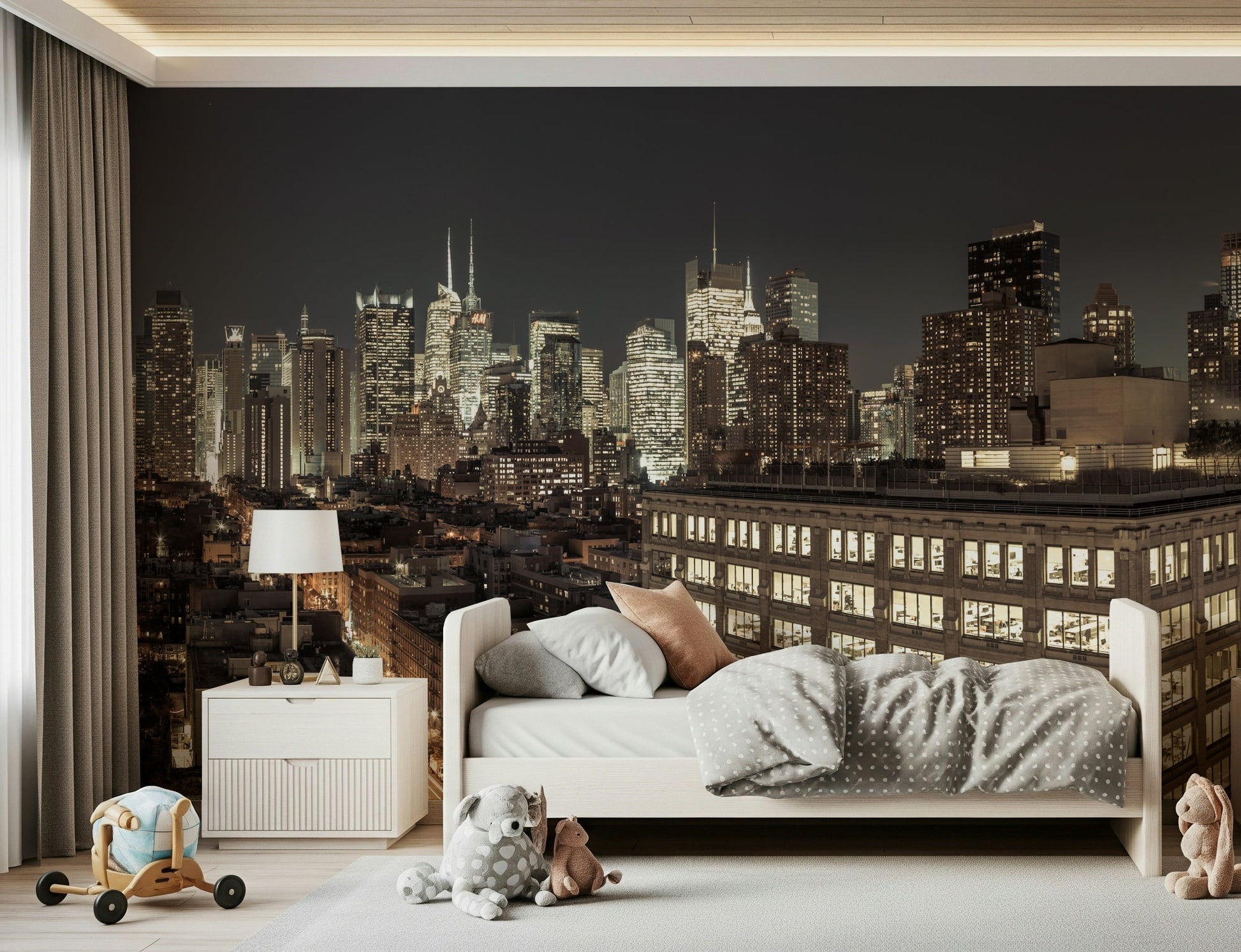Midnight Metropolis City Lights Wall Mural accent wall behind a white sofa.
