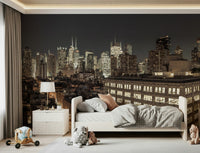 Midnight Metropolis City Lights Wall Mural accent wall behind a white sofa.