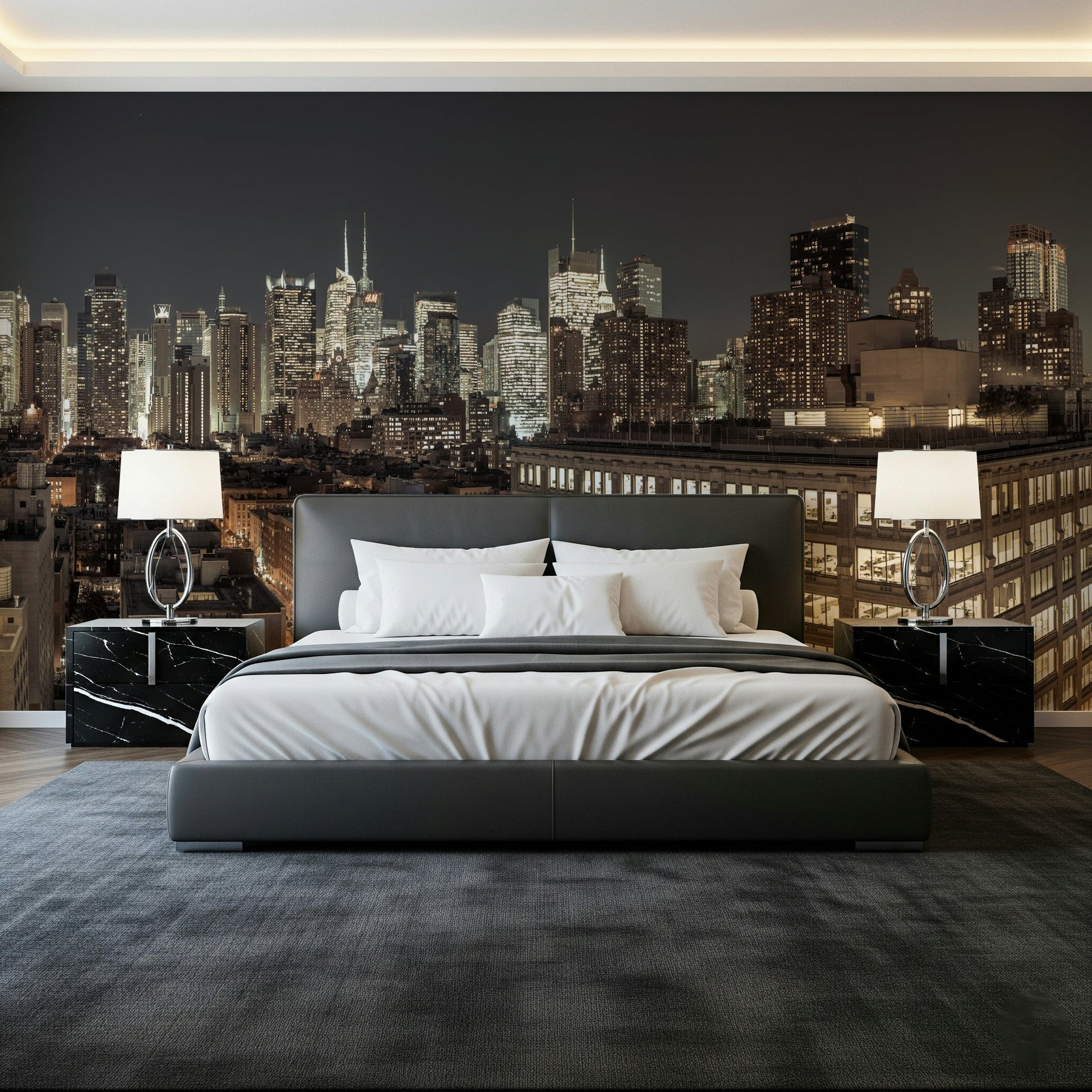 Abstract city skyline at night on the Midnight Metropolis: City Lights Wall Mural.