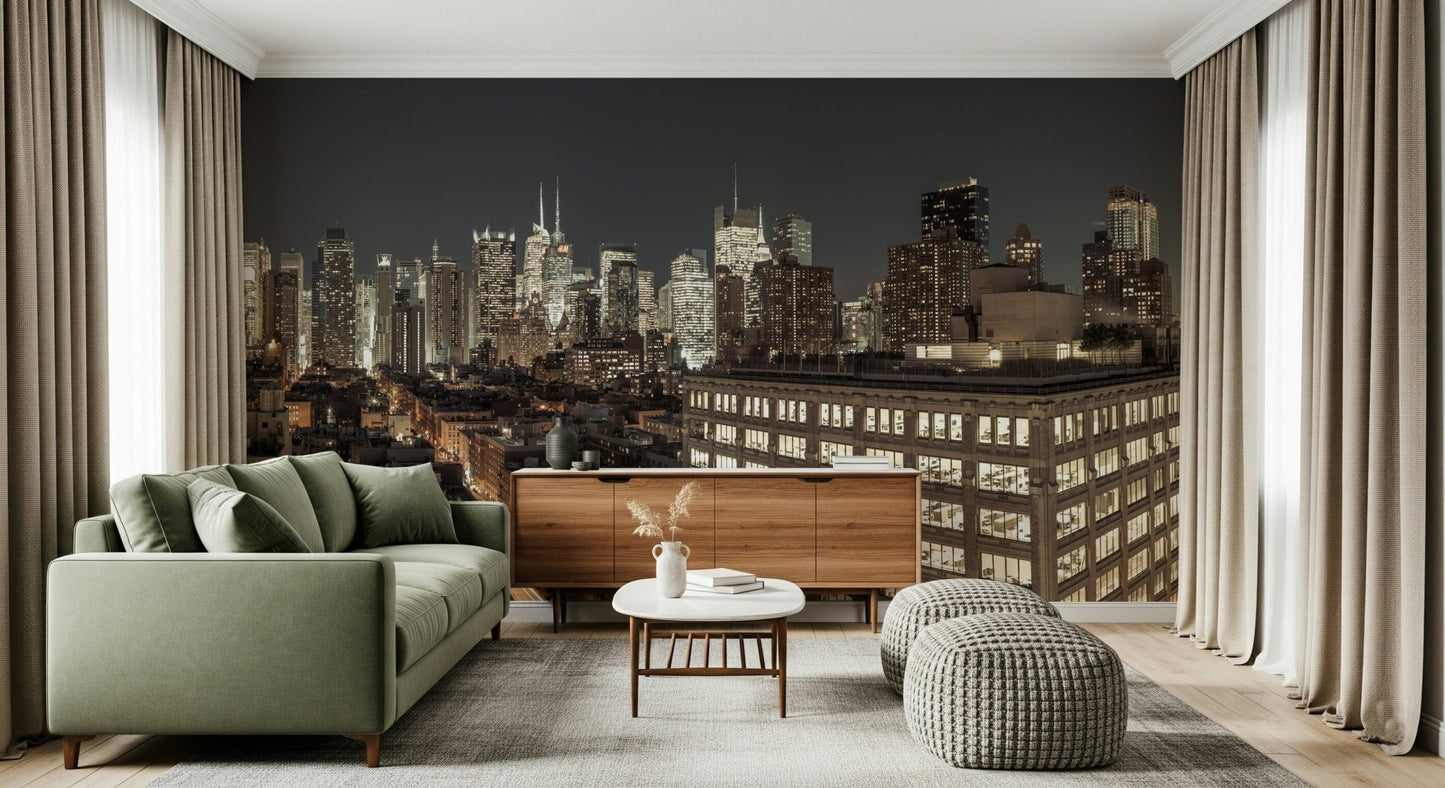 Urban landscape print of the appealing Midnight Metropolis City Lights Wall Mural for walls.