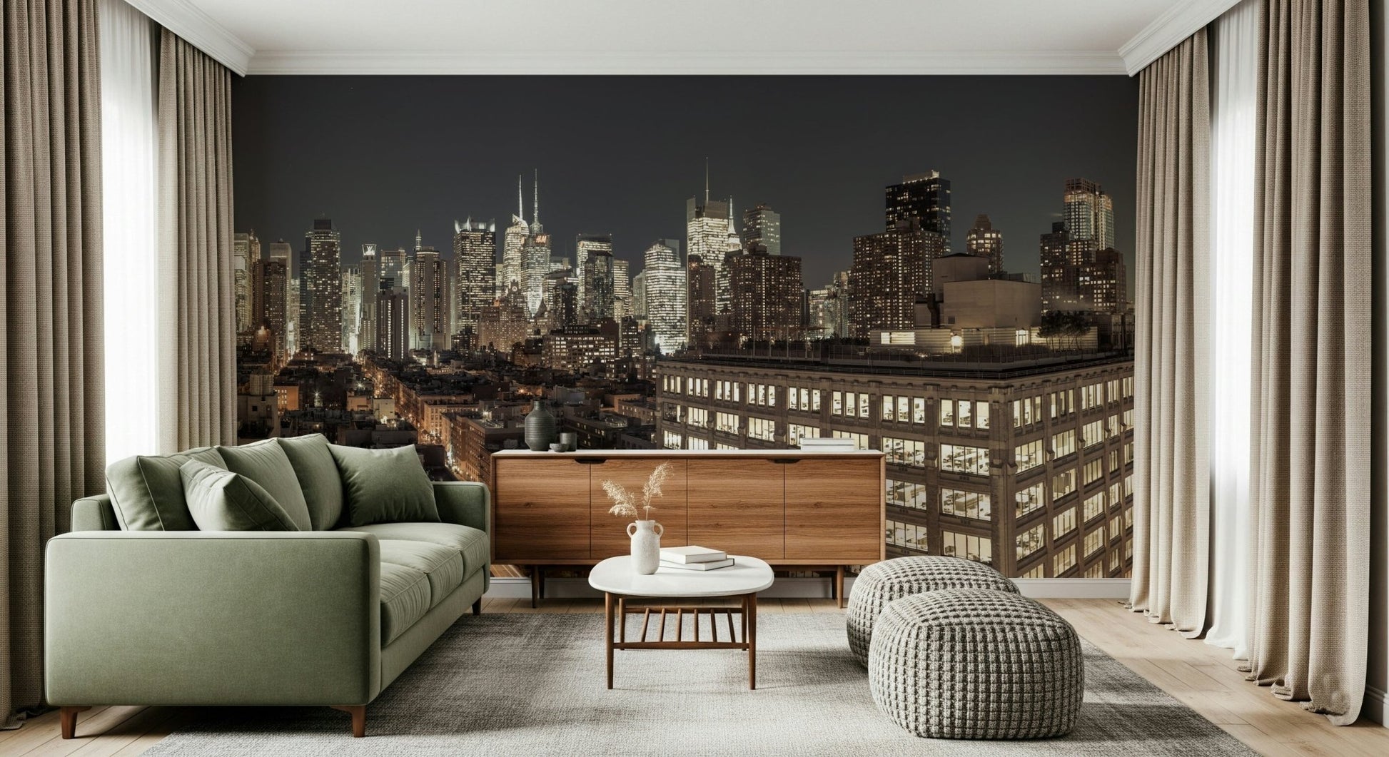 Urban landscape print of the appealing Midnight Metropolis City Lights Wall Mural for walls.