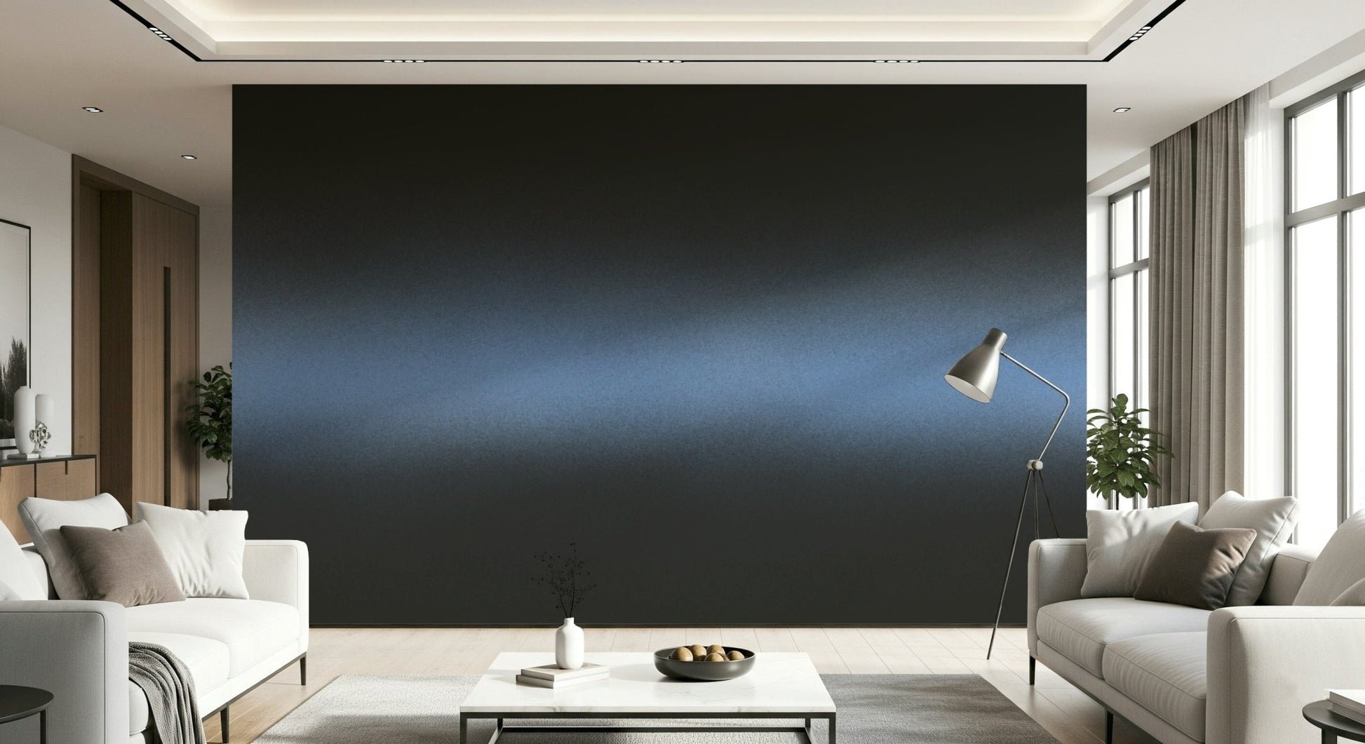 A peaceful forest vista mural on decorative wallpaper.

