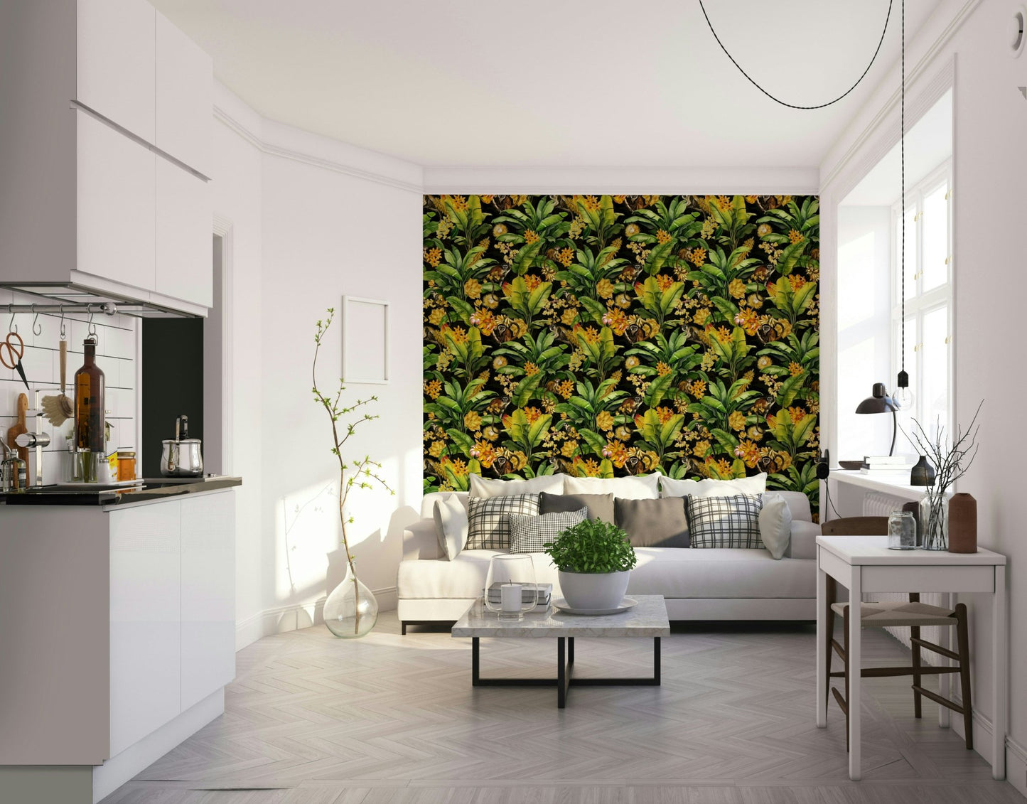 Wild jungle scene with monkeys on dark background

