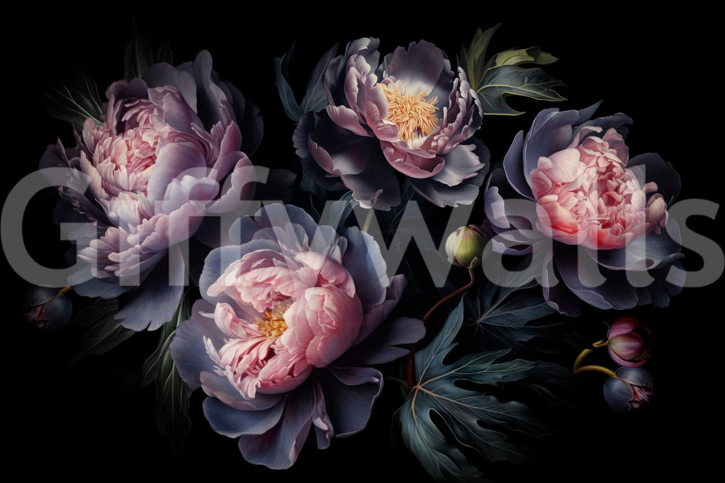 Dramatic flower wall design in midnight palette

