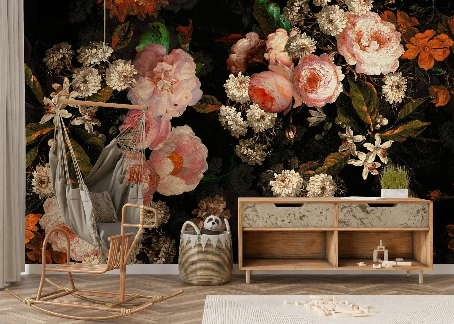 A graceful flower wall mural in rich, dark tones.

