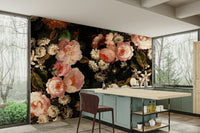 A beautiful dark floral wallpaper mural with deep red roses.

