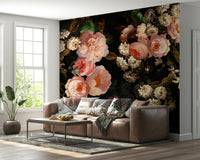 A classic dark floral wallpaper for walls with subtle color.

