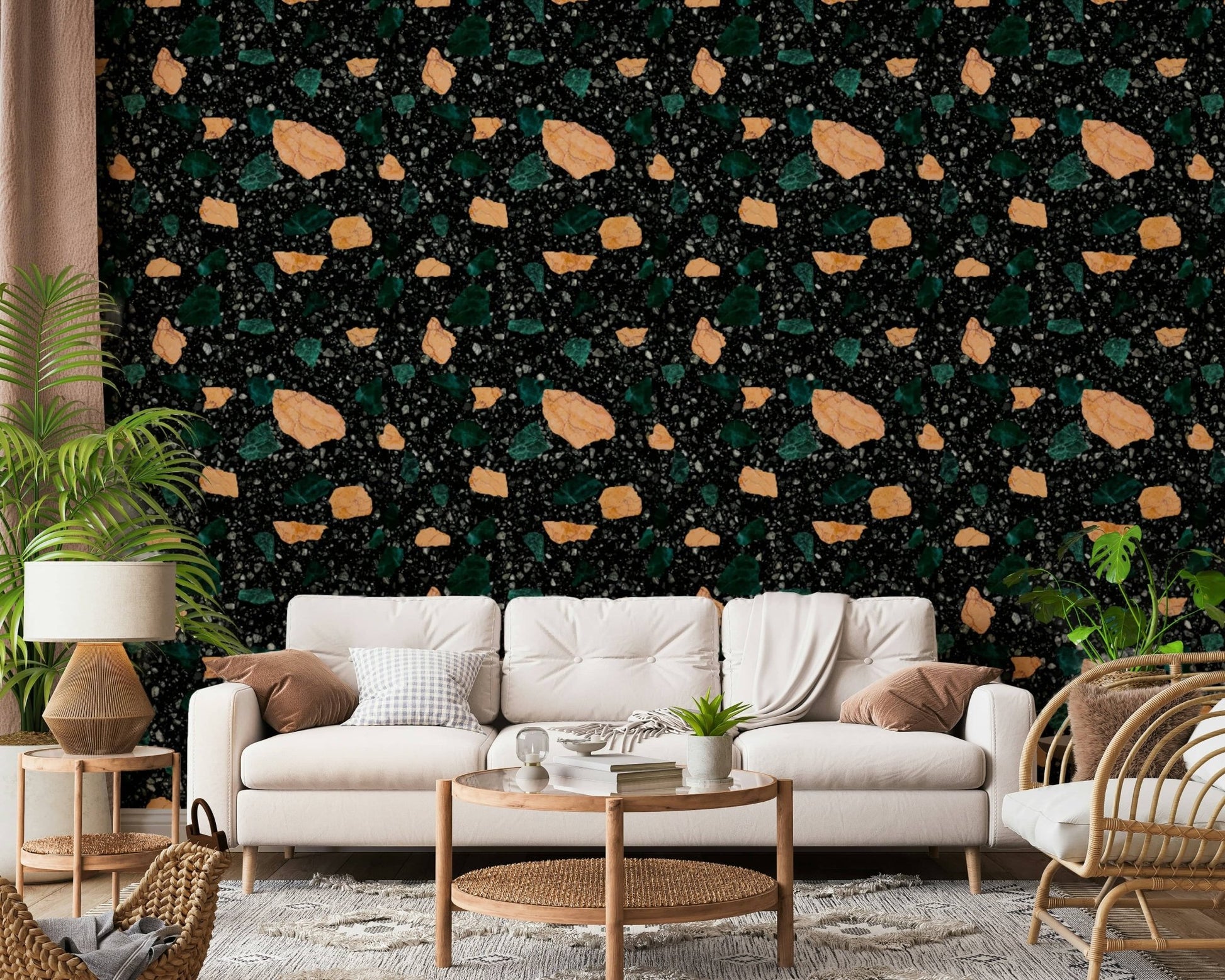 Chic opulent fragments characterize Midnight Stone Terrazzo mural interior wall., GD6821