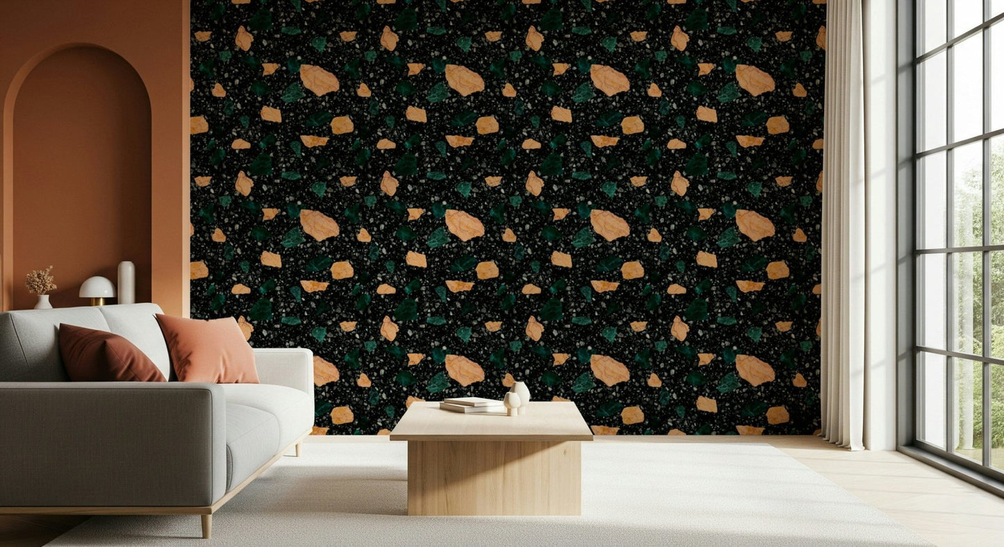 Dramatic deep hued mosaic defines the Midnight Stone Terrazzo mural product., GD6821