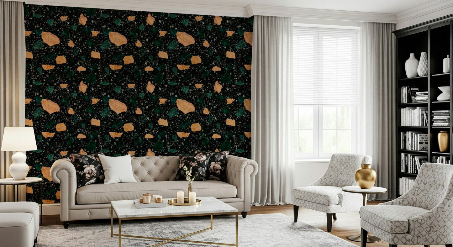 Irregular marble segments create this unique Midnight Stone Terrazzo wallpaper for walls., GD6821